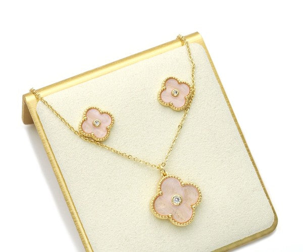Mother of Pearl Gold Clover Stud Earrings and Necklace Set - D'Genfa Jewelry