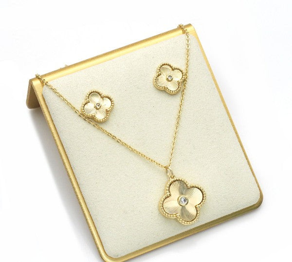 Mother of Pearl Gold Clover Stud Earrings and Necklace Set - D'Genfa Jewelry