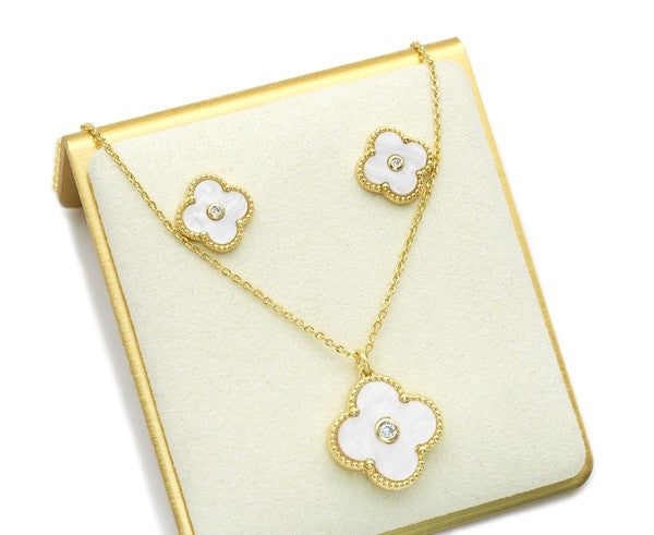 Mother of Pearl Gold Clover Stud Earrings and Necklace Set - D'Genfa Jewelry