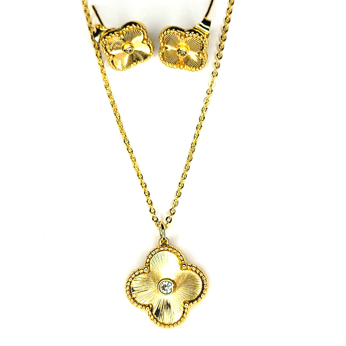 Mother of Pearl Gold Clover Stud Earrings and Necklace Set - D'Genfa Jewelry