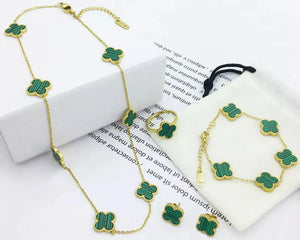 Clover Necklace, Four Leaf Clover necklace and bracelet set. 18k Gold plated.