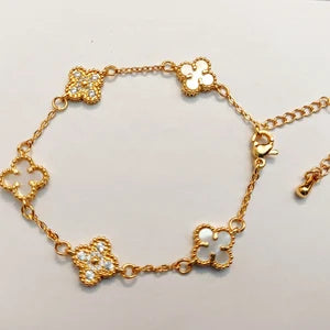 Clover Two tone Charm Bracelet - 18K Gold Plated Charm Bracelet with Agate stones