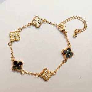 Clover Two tone Charm Bracelet - 18K Gold Plated Charm Bracelet with Agate stones